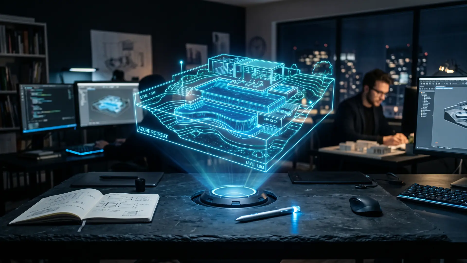 Holographic 3D pool design rendering in the Techne studio